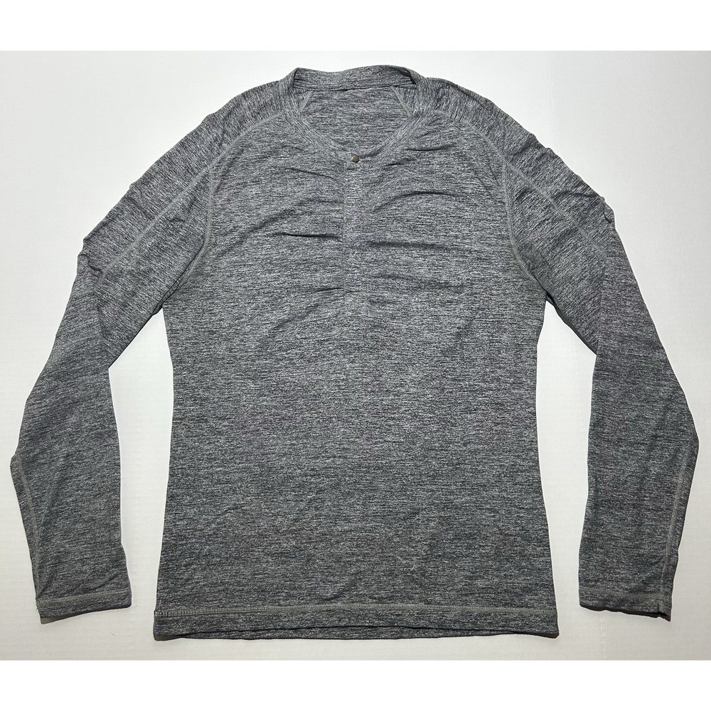 Lululemon Shirt Mens Large Grey Henley Snap Button Long Sleeve Active Casual EUC
